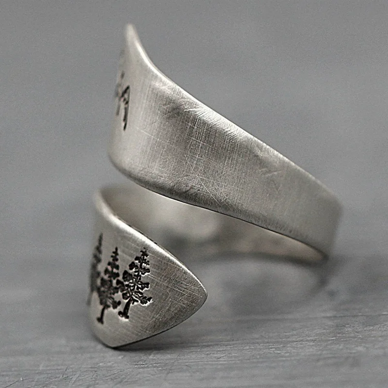 New Simple Trendy Women\'s Ring Green Tree Forest Mountain Brushed Wedding Ring Women\'s Party Jewelry Creative Open RingWholesale