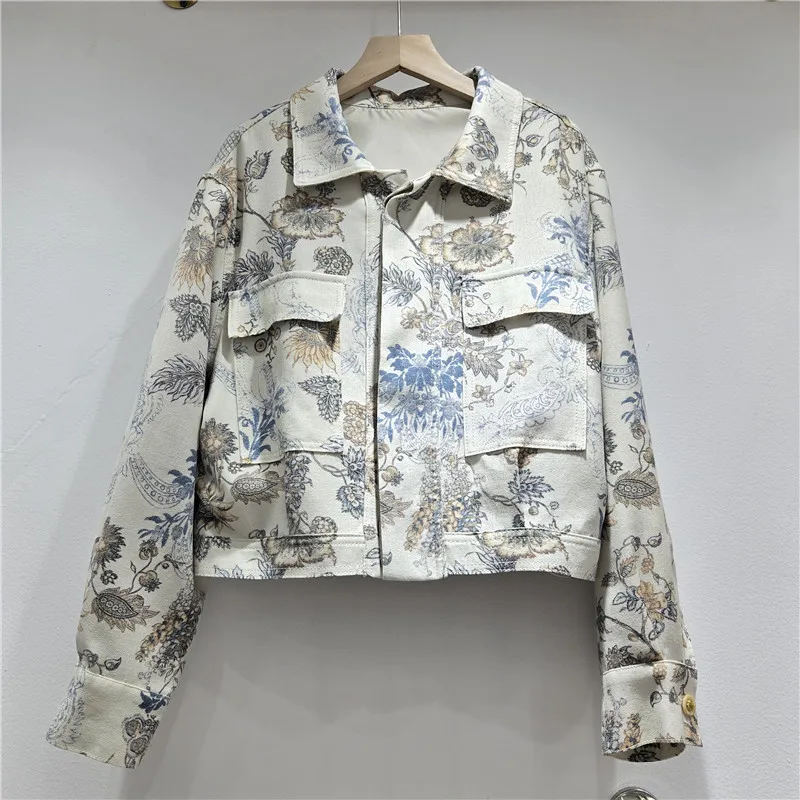 Spring Autumn Casual Korean Vintage Flower Print Apricot Short Denim Jacket Women Lapel Single-Breasted Long Sleeve Jeans Jacket