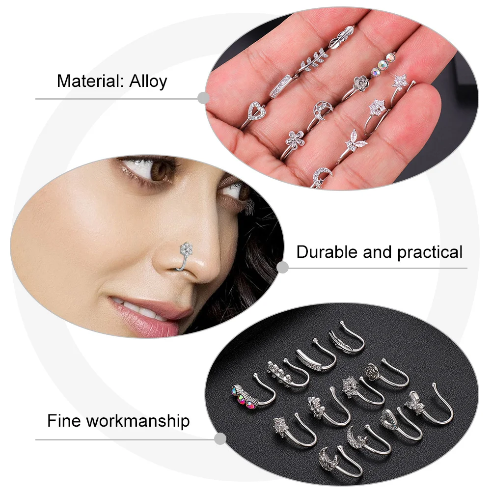 12 قطعة الزركون كليب مجوهرات للنساء لا ثقب وهمية الأنف الدائري موضة ديكور الحفلات سيدة أنيقة الأنف الزينة
