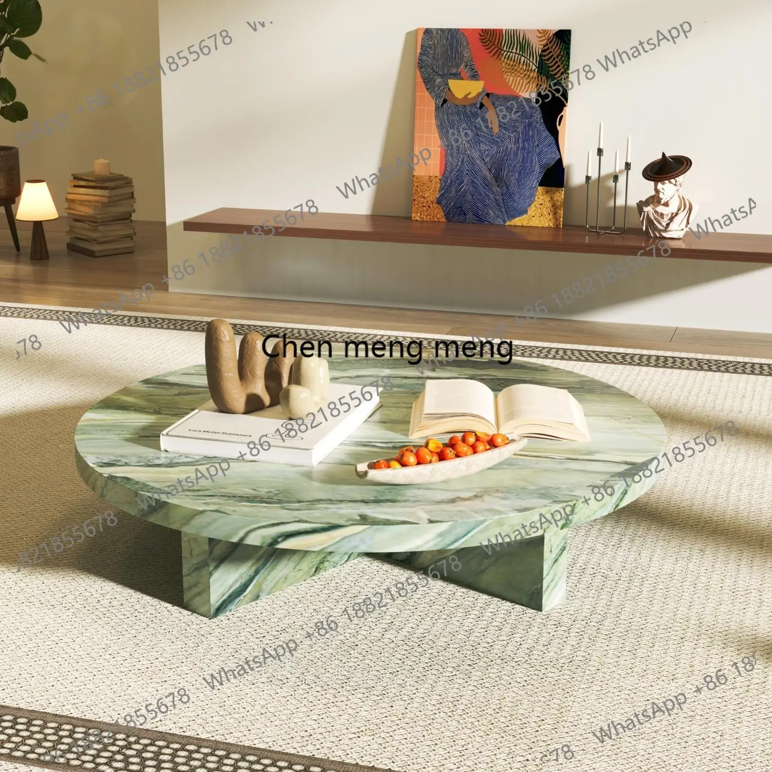 "Pink Jade Round Coffee Table - Luxury Marble Slate Side Table for Spacious Living Room, High-End Stone Tea Table"