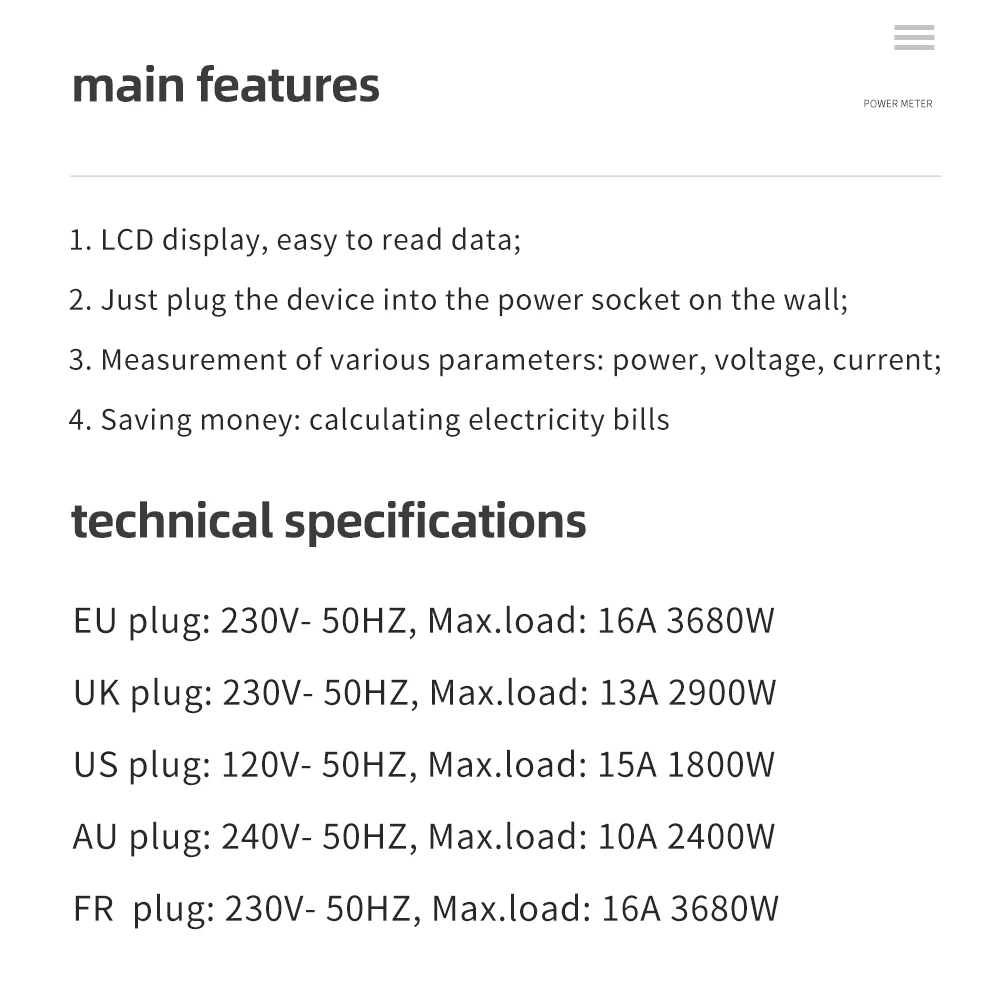 Digitaler Spannungs-Wattmeter, US/UK/EU-Steckdose, Energiezähler, Leistungsmesser für Wattzahl, kWh-Leistungsmesser mit Hintergrundbeleuchtung – Detail 16