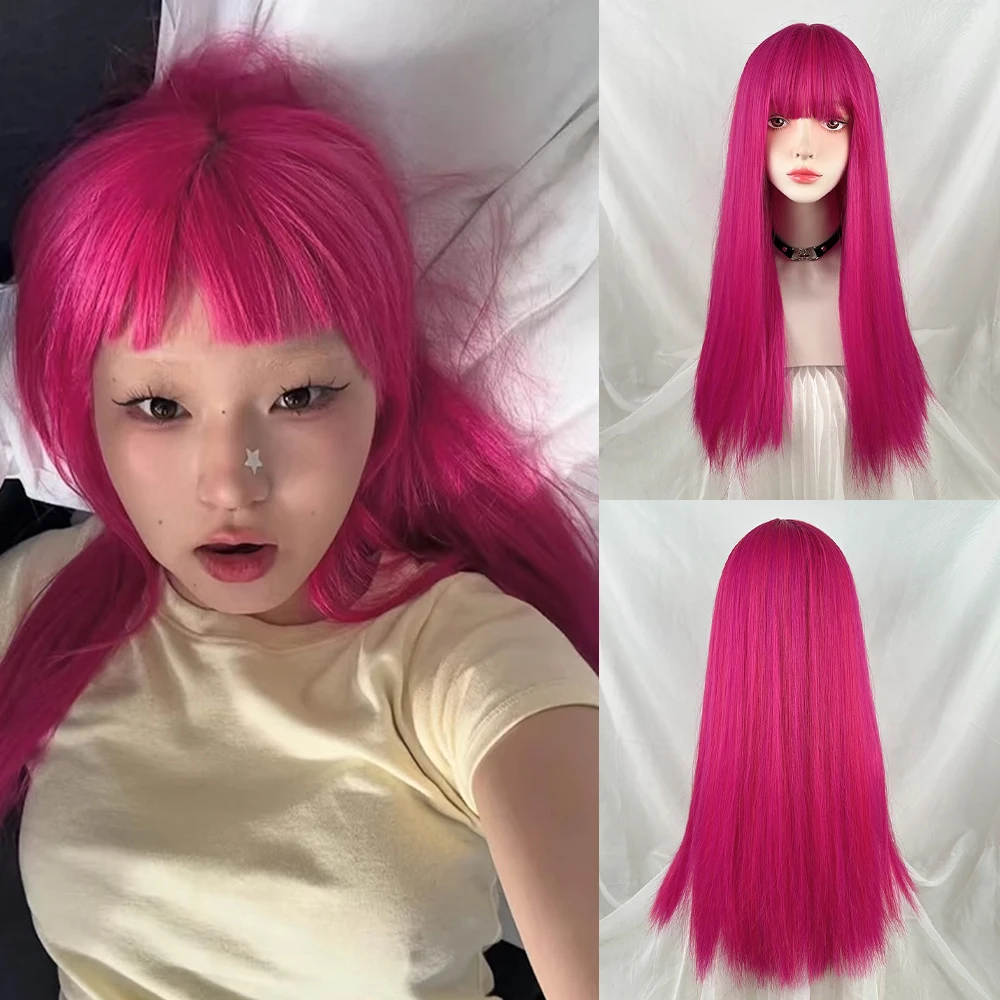 

Rose Red Long Straight Synthetic Wigs with Bangs Fluffy Women Lolita Cosplay Wig Heat Resistant for Daily Party