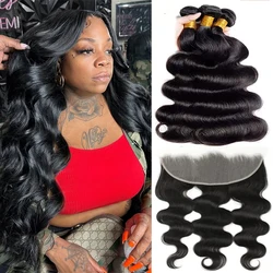 Remy Body Wave Human Hair Bundles With Frontal Brazilian Transparent Preplucked 13x4 Lace Closure and Bundle 10A Hair Extensions