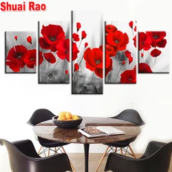 5 Pieces Romantic Poppies Diamond Embroidery Red Flowers Poster Modular Home Decor full Drill Mosaic Painting rhinestone art,