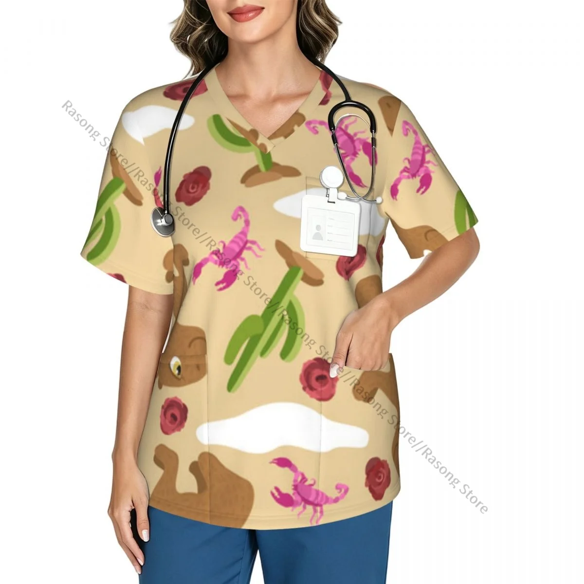 Cute Capybaras Cactuses Scrubs tops medical uniforms women V Neck Stretch Scrub Shirt Dentist doctor Blouse