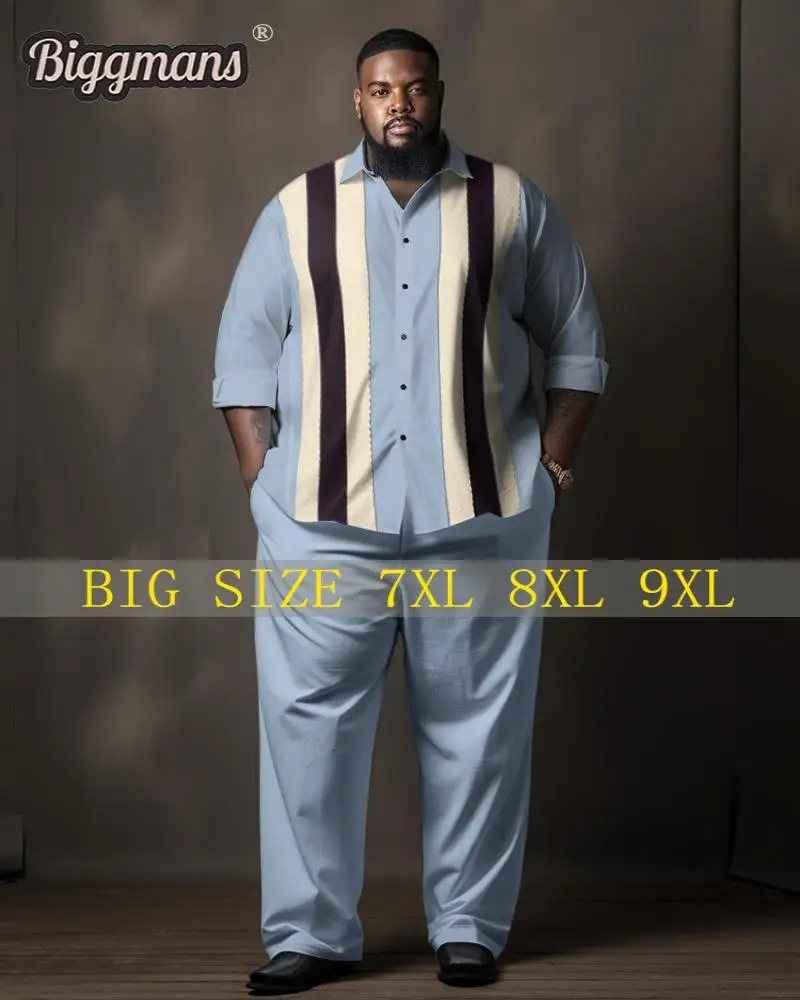 Biggmans Plus Size for Men\'s Clothing Casual Plus Size Gentleman Blue Colorblock Lapel Shirt Two-Piece Set 7XL 8XL 9XL Set