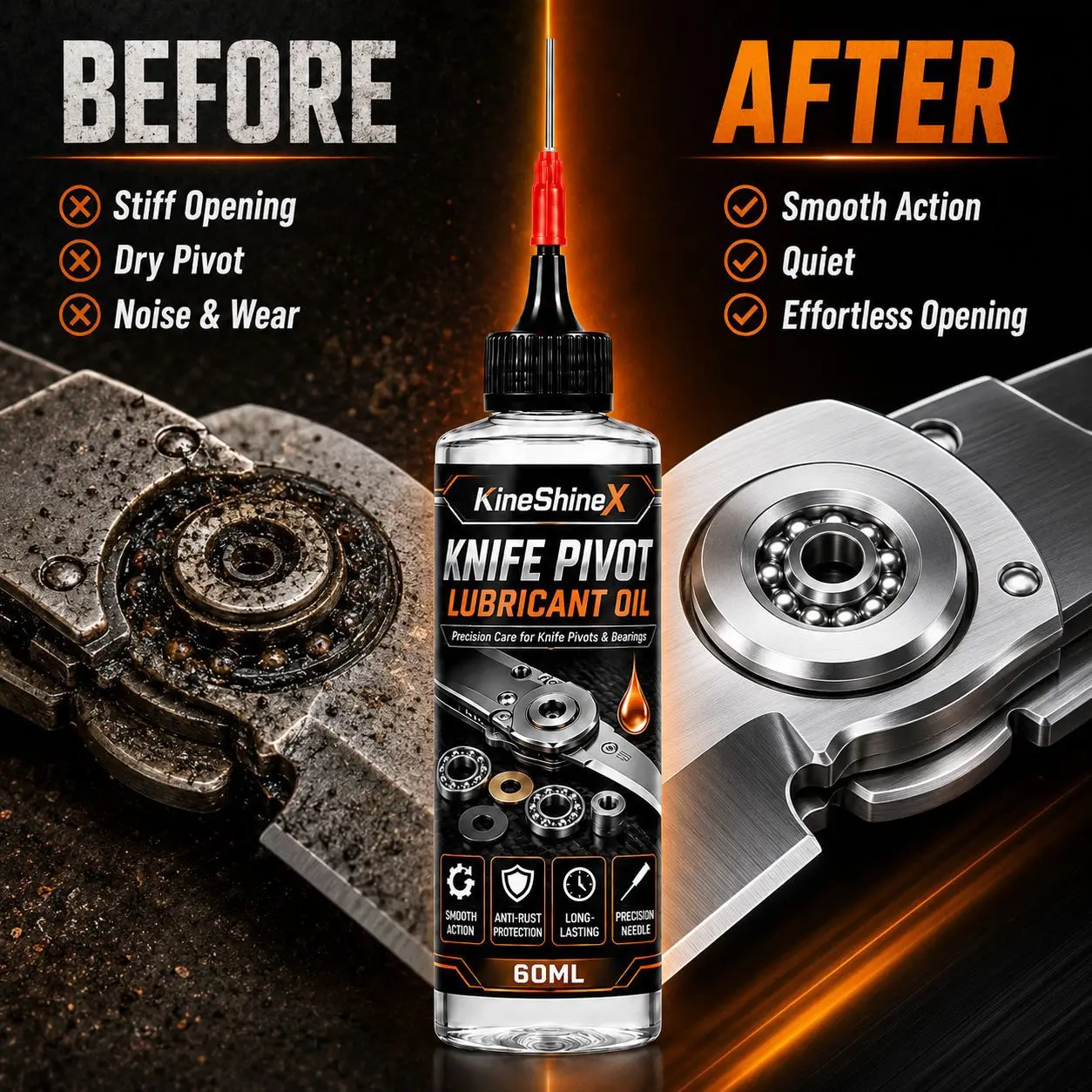 60ML Knife Pivot Lubricant Oil with Precision Needle for Folding Knife Bearings Smooth Action Anti-Rust Maintenance Lubrication