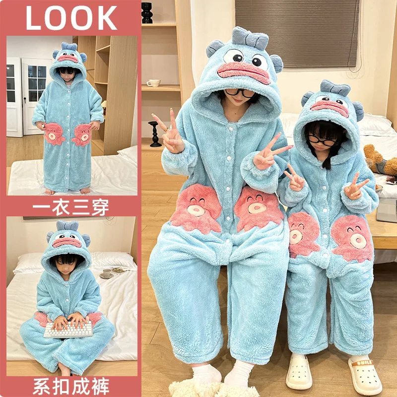 

Anime Hangyodon Winter Jumpsuit Parent-Child Homewear Warm Children's Nightgown Hooded Home Clothes Coral Fleece Adult Pajamas