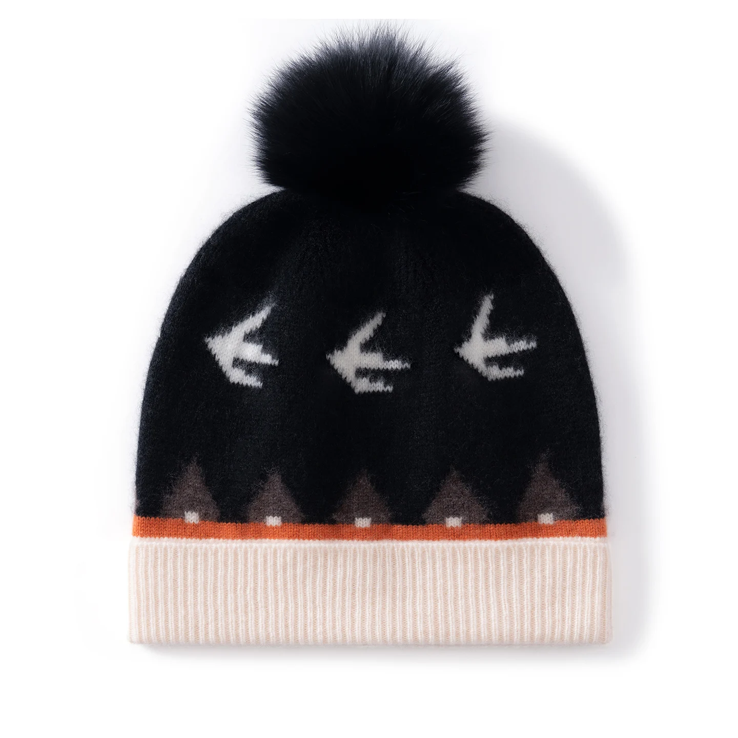 KOIJINSKY 35% Cashmere Knit Beanie Vintage Nordic Bird House Jacquard with Fluffy Pom Pom Foldable Rib Cuff Winter Hat for Women