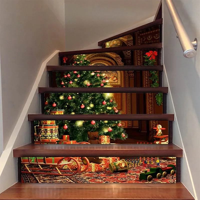 6Pcs/Set Christmas Staircase Stickers Imitation 3D Christmas Tree Corridor Steps Stairs Decor Wall Sticker Christmas Stickers