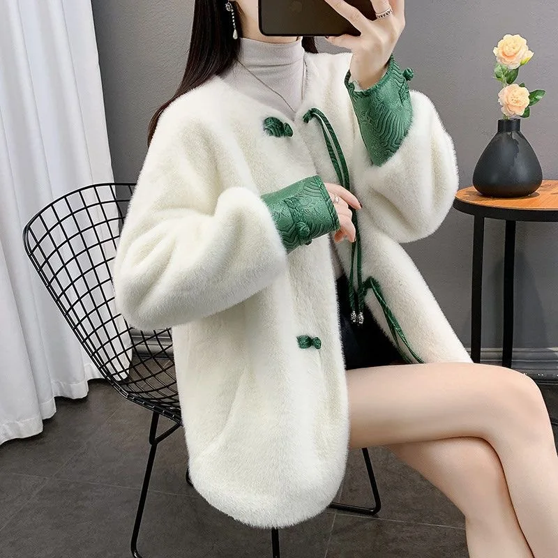 Women Jackets Faux Fur Coats Round Neck Short Coat Thick Warm Y2k Streetwear Elegant Open Stitch Outerwear Autumn Winter