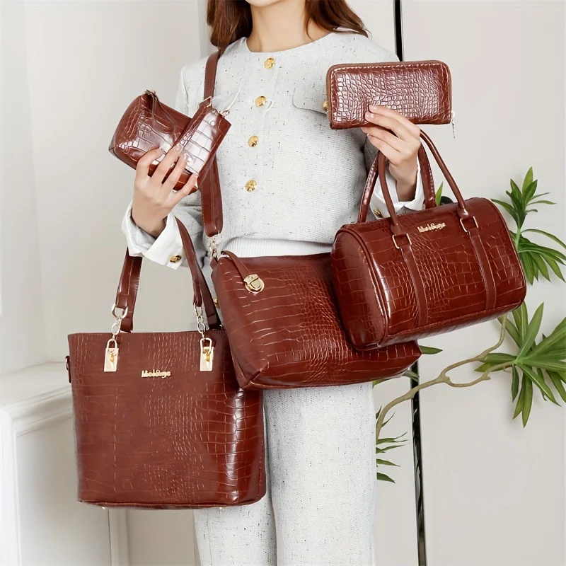 6pcs Vintage Women\'s Bag Stylish Lacquer Crocodile Print Leather Handbag set Daily Commute Tote Shoulder Bag For Women Purse