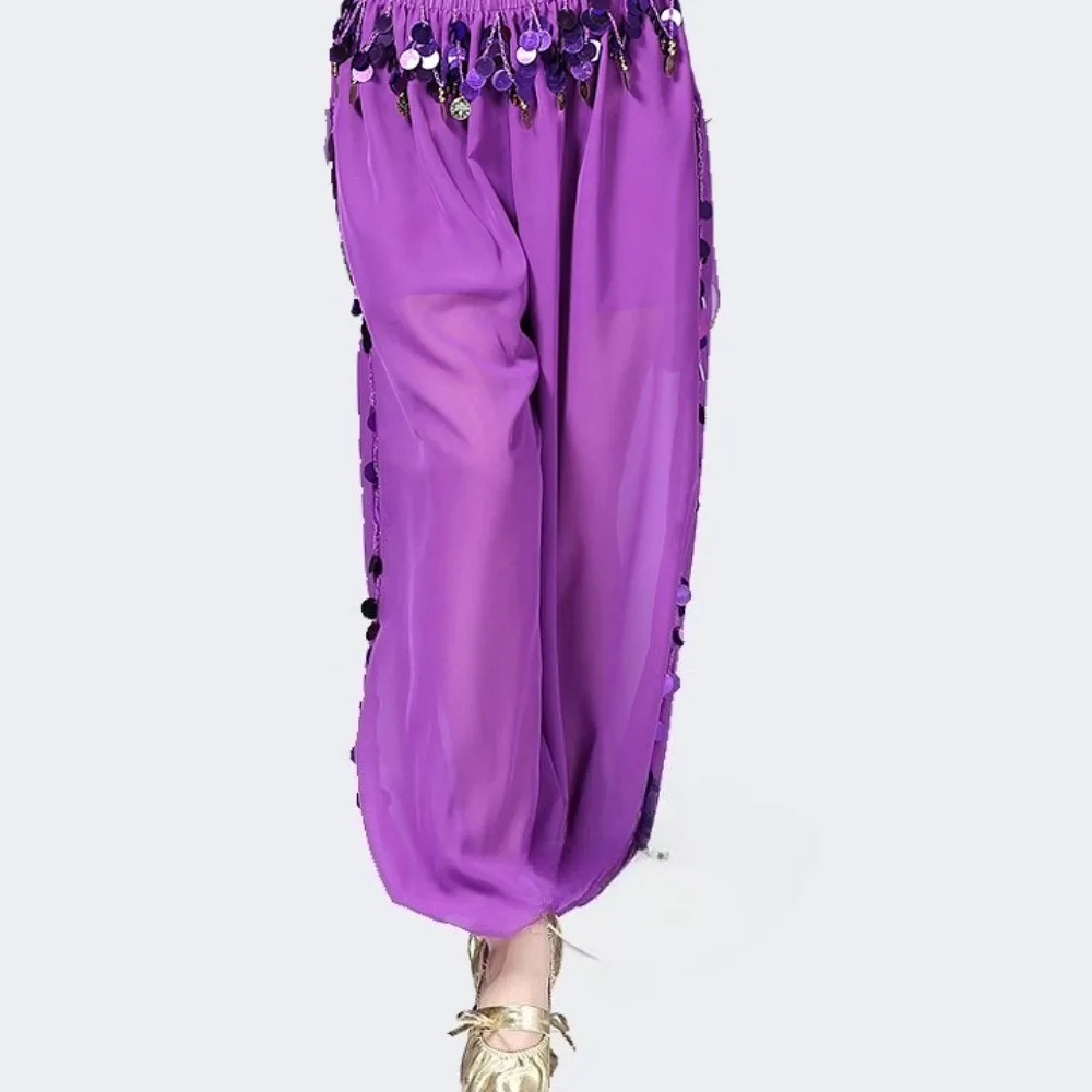 Buikdans chiffon broek voor dames - Broek met wijde pijpen en pailletten, lantaarnbroek voor Indiase en Xinjiang-danspodiumoptredens
