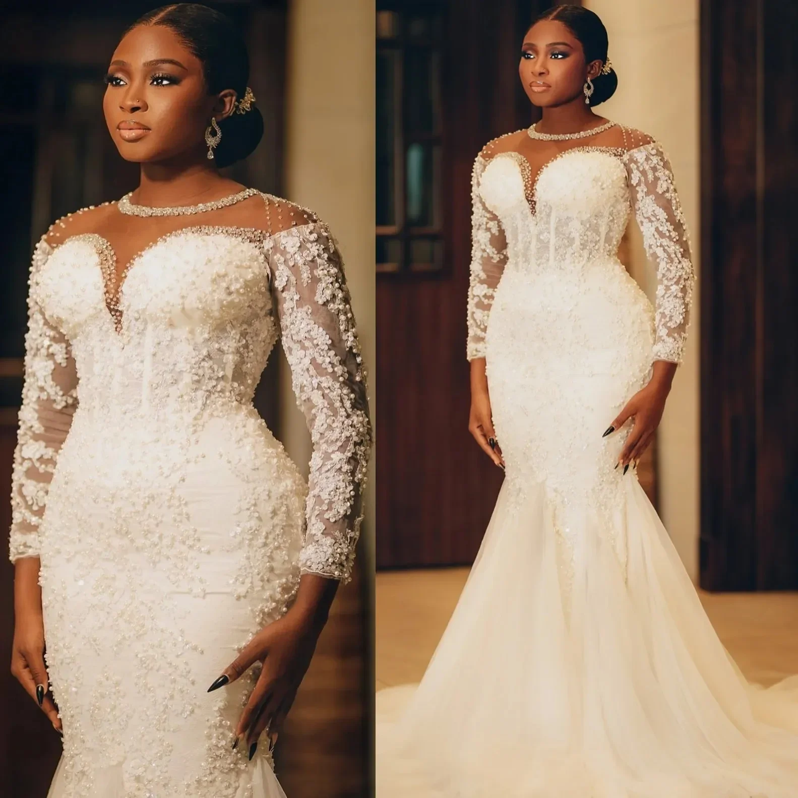 고급스러운 화이트 머메이드 아플리케 비즈 여성 웨딩 드레스 섹시한 투명 칼라 긴 소매 댄스 신부 드레스 맞춤 제작