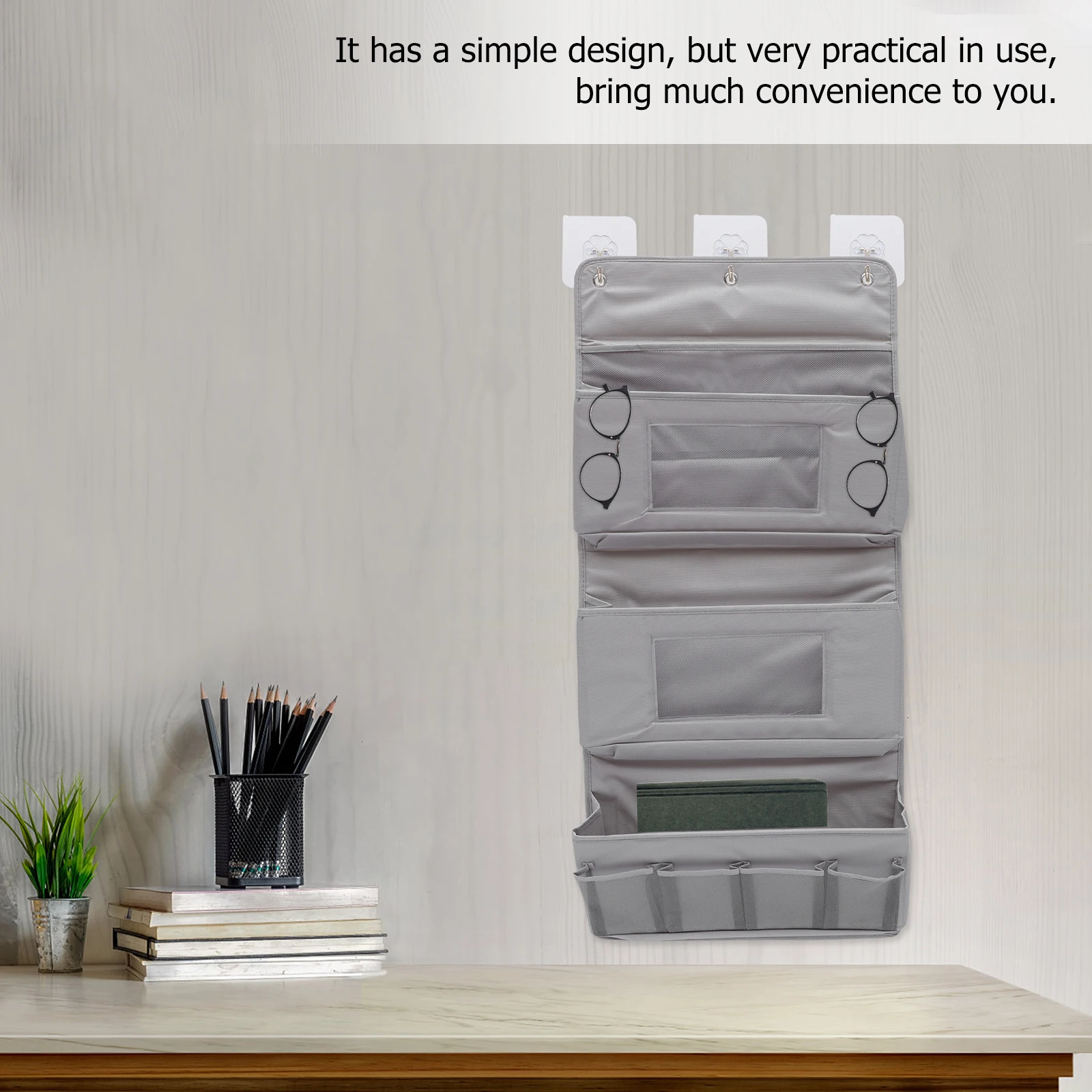 

1 Set Large Capacity Storage Pouch Creative Storage Pouch Wall Hanging Bag Strong Hooks Space Saving Room Organizer Grey
