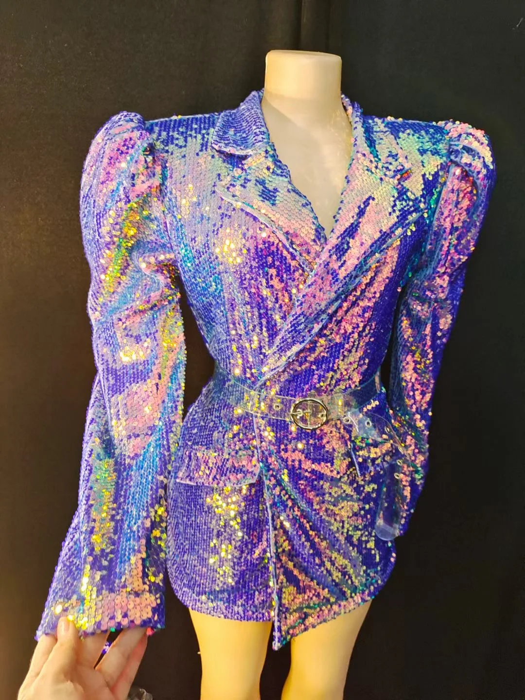 Bar Concert Stage Performance Glitter Sequins Long Coat Purple Blue Sequined Dress Cloak Nightclub Singer Drag Queen Costume