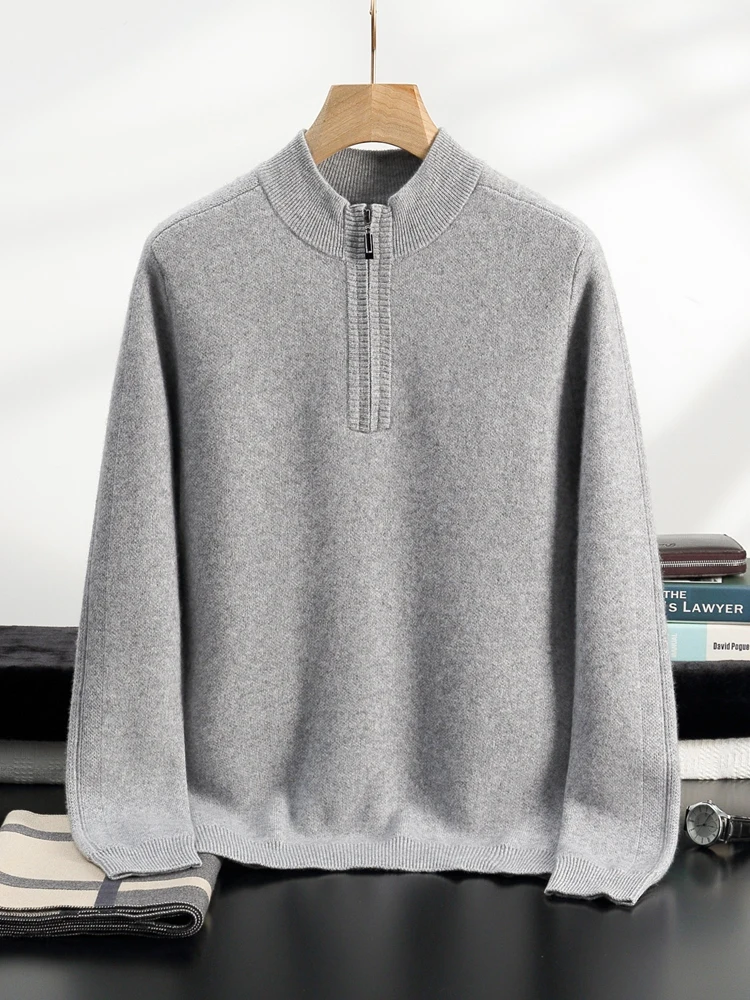 Pull en cachemire à col montant pour hommes, pulls à fermeture éclair, optique décontractée, haut à manches longues, tricots 100% cachemire, vêtements chauds, automne, hiver