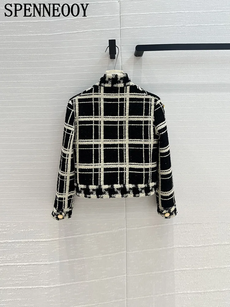 SPENNEOOY Fashion Runway Autumn Vintage Plaid Weave Jackets Women Stand Collar Single Breasted Straight Barrel Long Sleeve Coat