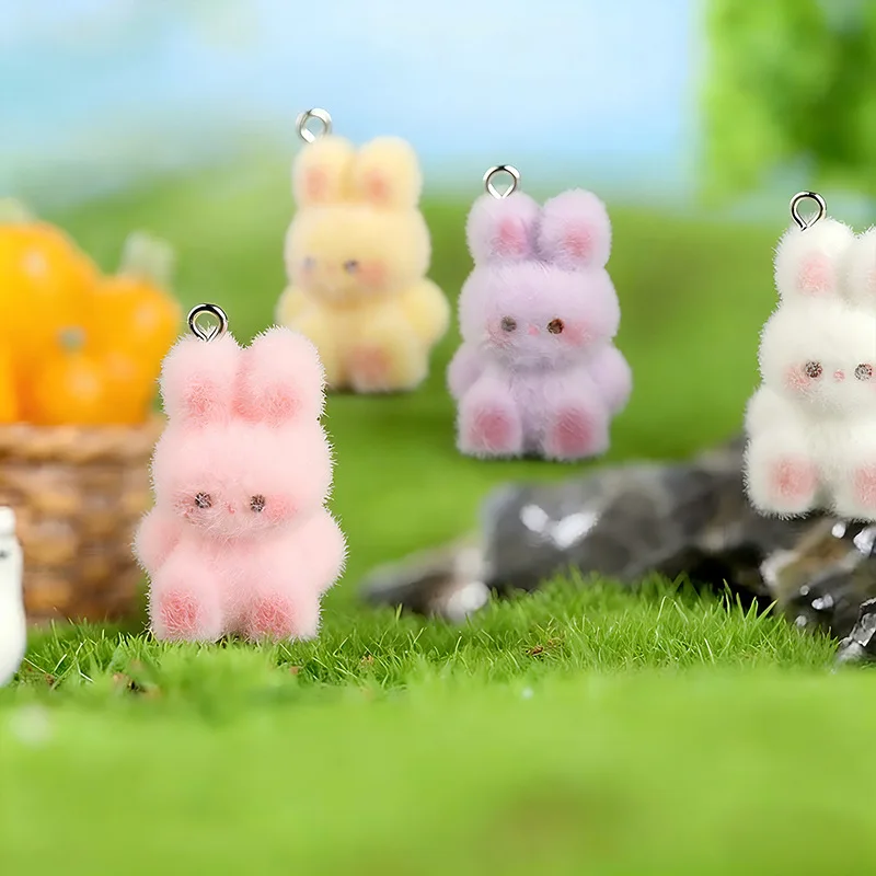 5Pcs Cute Flocked Bunny Charms Resin Pendants DIY Decorations For Phone Case Backpack Bag Jewelry Making Accessories