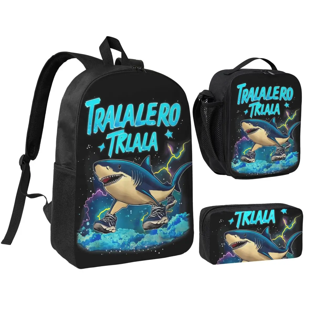 

3pecs/set Tralalero Tralala Backpack for Student Italian Brainrot Meme Shoulder Bag Lunch bag Pencil Case