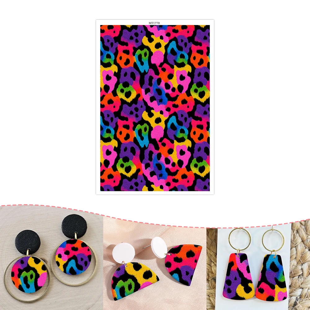 Neon Rainbow Leopard Print Polymer Clay Transfer Paper - One-Time Use Water Soluble Decal Sheets for DIY Earrings Jewelry Making