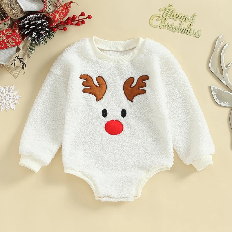 2023-09-07 Lioraitiin 0-24M Baby Boys Girls Christmas Rompers Long Sleeve O-Neck Reindeer Embroidery Fleece Jumpsuits Bodysuits