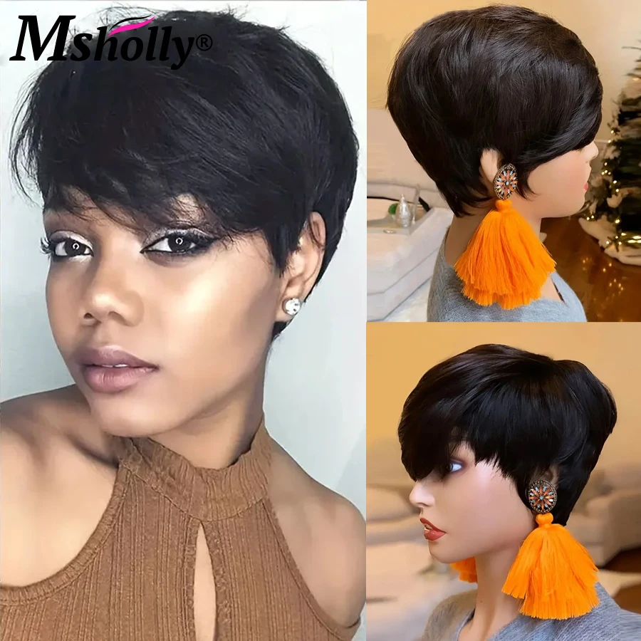 

Black Color Short Pixie Cut Human Hair Wig 180% Density Short Straight Bob Full Machine Made Wig With Bangs Water Wave Wigs