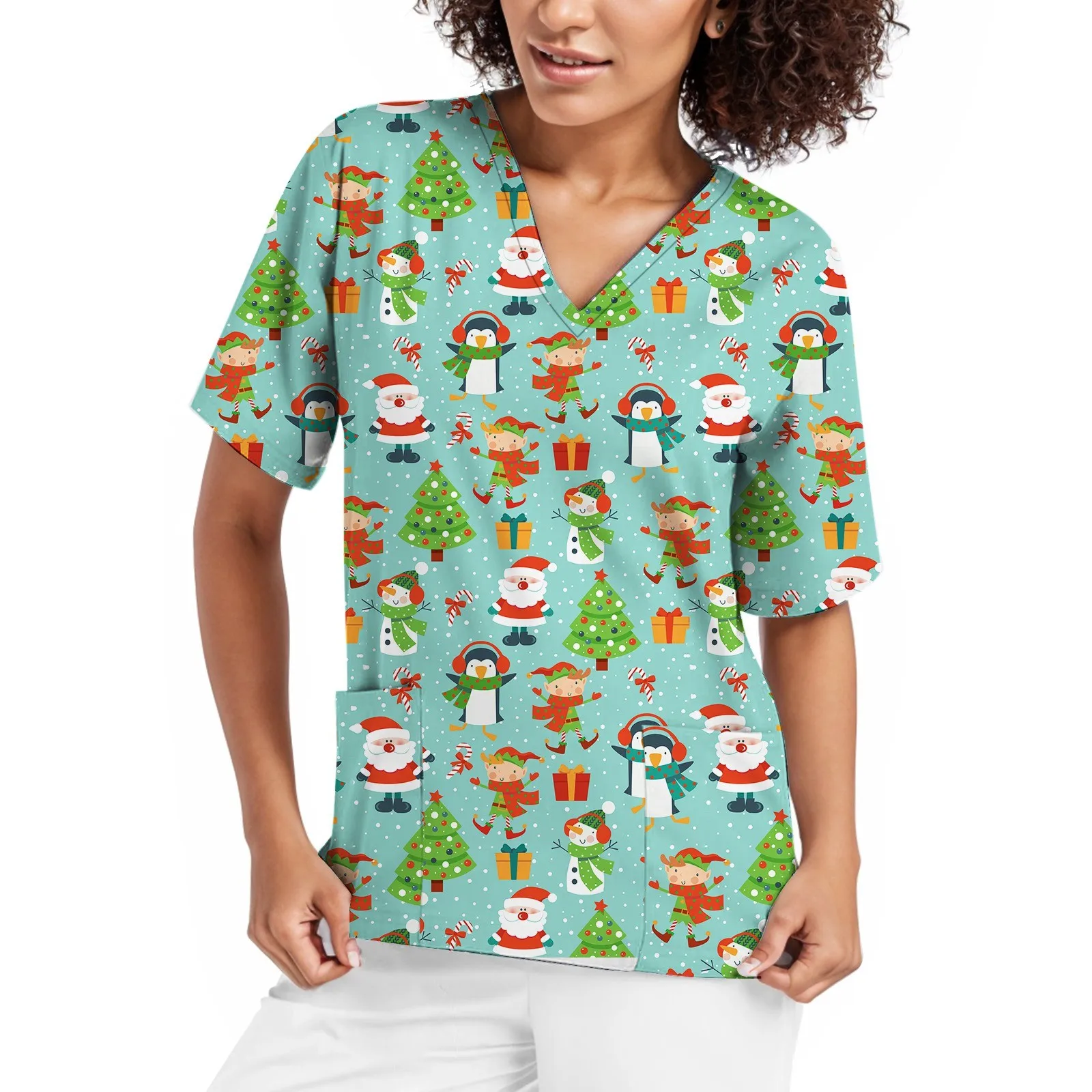 Mulheres Tops de Enfermagem de Natal, Uniforme de Trabalho, Blusa, Manga Curta, Decote V, Blusas Enfermeiras, Roupas de Enfermagem, Túnica