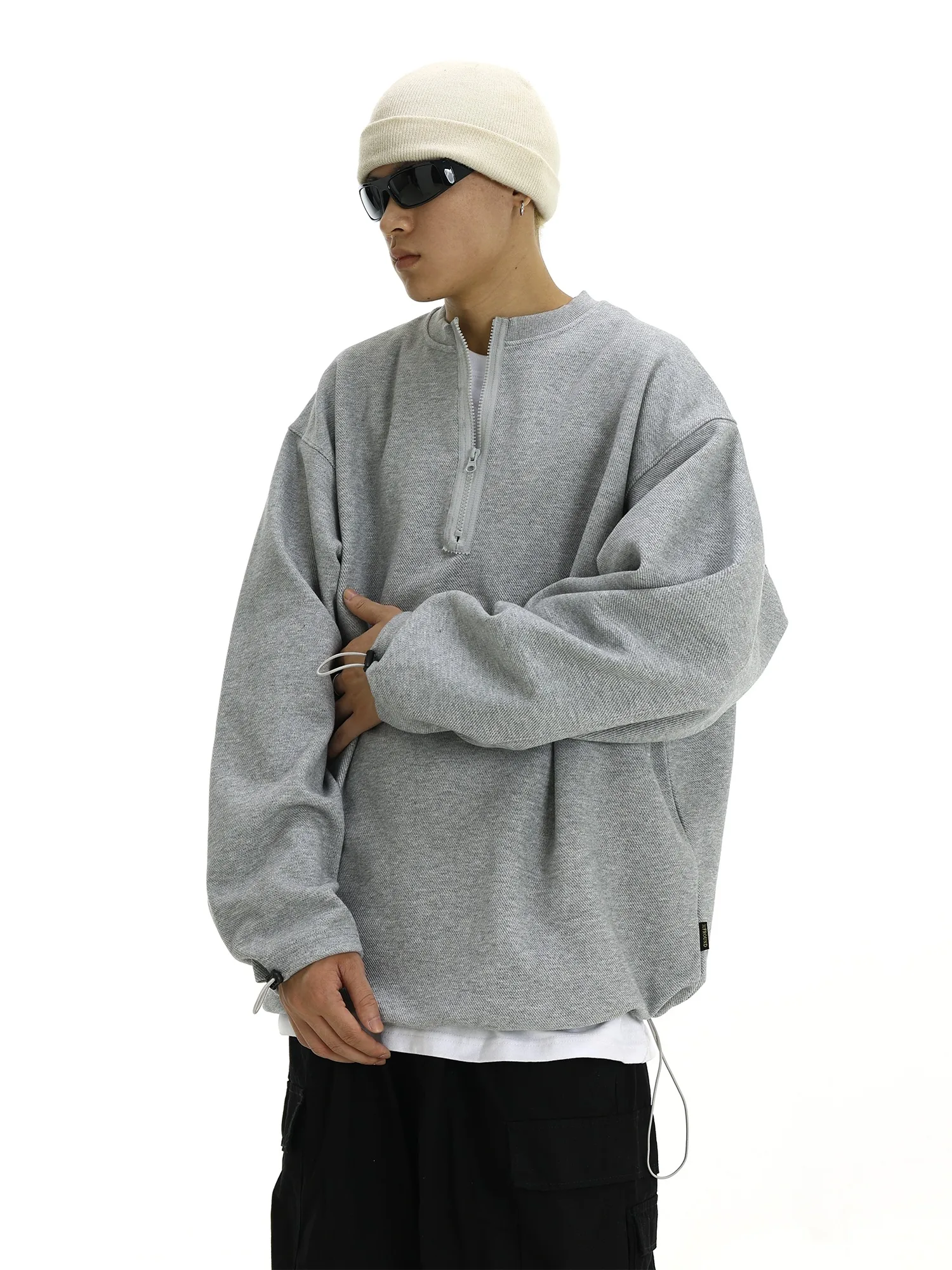 

Retro Waffle Round Neck Sweatshirt for Men Simple Half Zipper Loose Long Sleeved Top