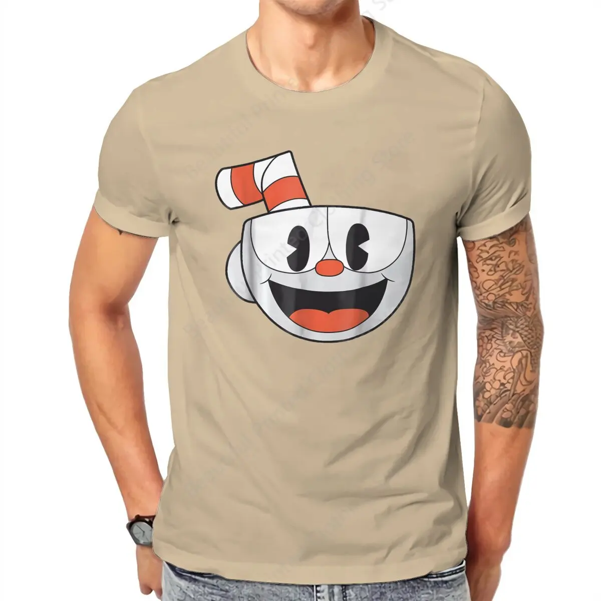 Herren T-Shirt Cuphead großes lächelndes Gesicht Videospiel Grafik lustige Druck T-Shirts lose Crewneck atmungsaktive T-Shirt Baumwolle Spaß T-Shirts
