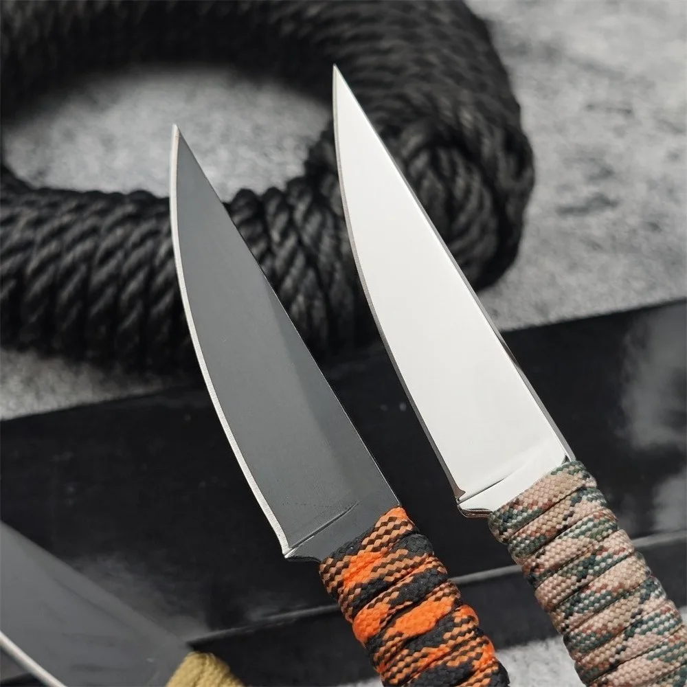 Durable Outdoor Fixed Blade Knife 440C Steel Blade with Nylon Rope Handle Jungle Hunting Camping Self-Defense Tool with Sheath