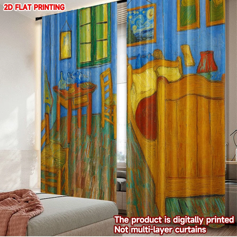 2pcs Van Gogh Bedroom Curtains , Famous Painting with Blue Walls Yellow Bed Green Window for Artistic Living Room Decor