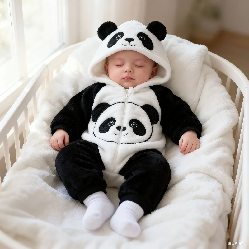 Newborn Baby Panda Romper Plush Fleece Hooded Jumpsuit with Cute Face Ears and Zipper Warm Winter Outfit for Infant 0 24M