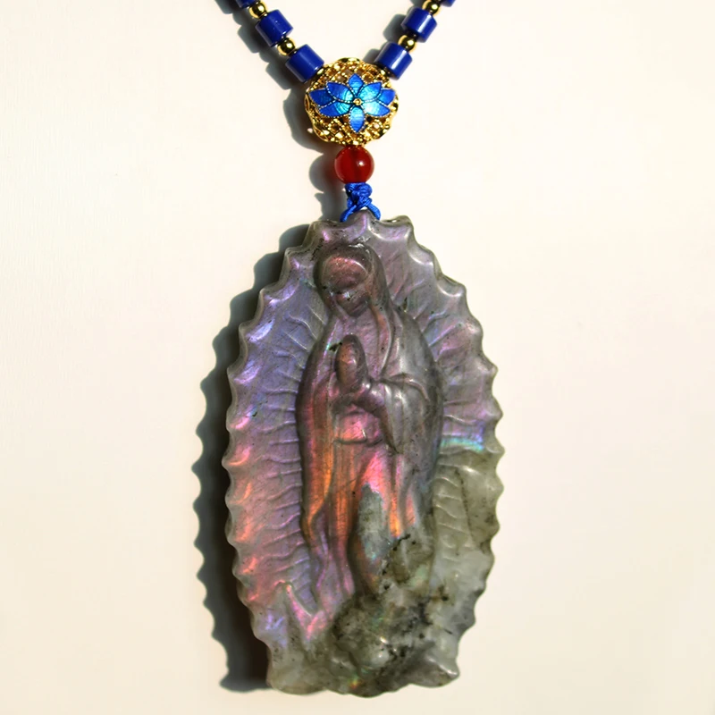 Unit One Piece Natural Pink Purple Flash Labradorite Big Virgin Mary Necklace Pendant For Gift