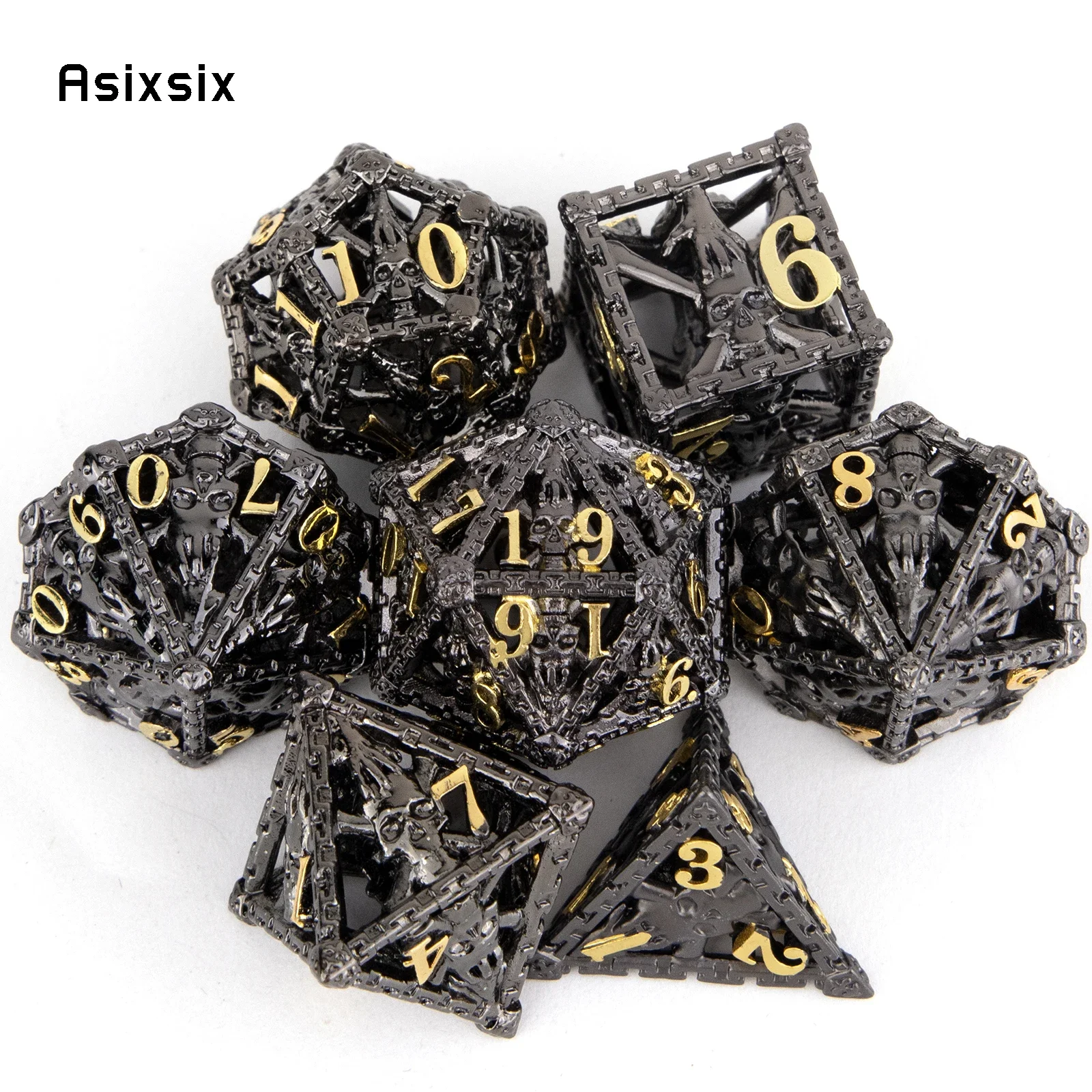 

7 Pcs Black Golden Hand Skull Head Metal Dice Hollow Polyhedral Dice Set Suitable for Role-Playing RPG Board Game Card Game