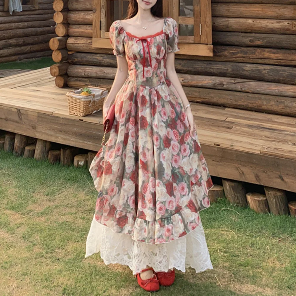 Retro ภาพวาดสีน้ํามันสไตล์ไม่สม่ําเสมอ Red Rose พิมพ์ลูกไม้ Patchwork ชุดผู้หญิงฤดูร้อนสแควร์คอ Lace-up ดอกไม้ Fairy กระโปรง