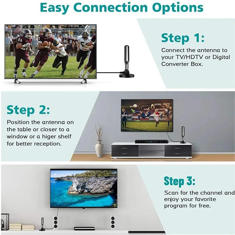 هوائي تلفزيون بمدى 650+ ميل DTMB ATSC تلفزيون عالي الدقة رقمي مع قاعدة مغناطيسية وكابل عالي الدقة، قنوات تلفزيون ذكية داخلية وخارجية 4K