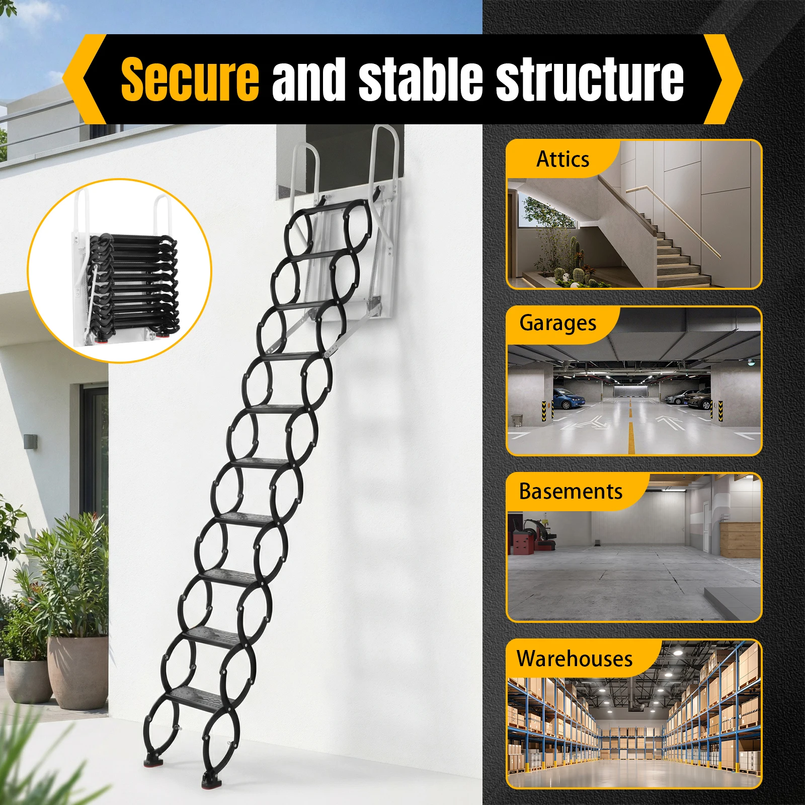 

Ceiling Mounted Attic Ladder Pull Down System Manganese Steel Attic Staircases 440LBS Capacity for Garages/Roofs/Basements