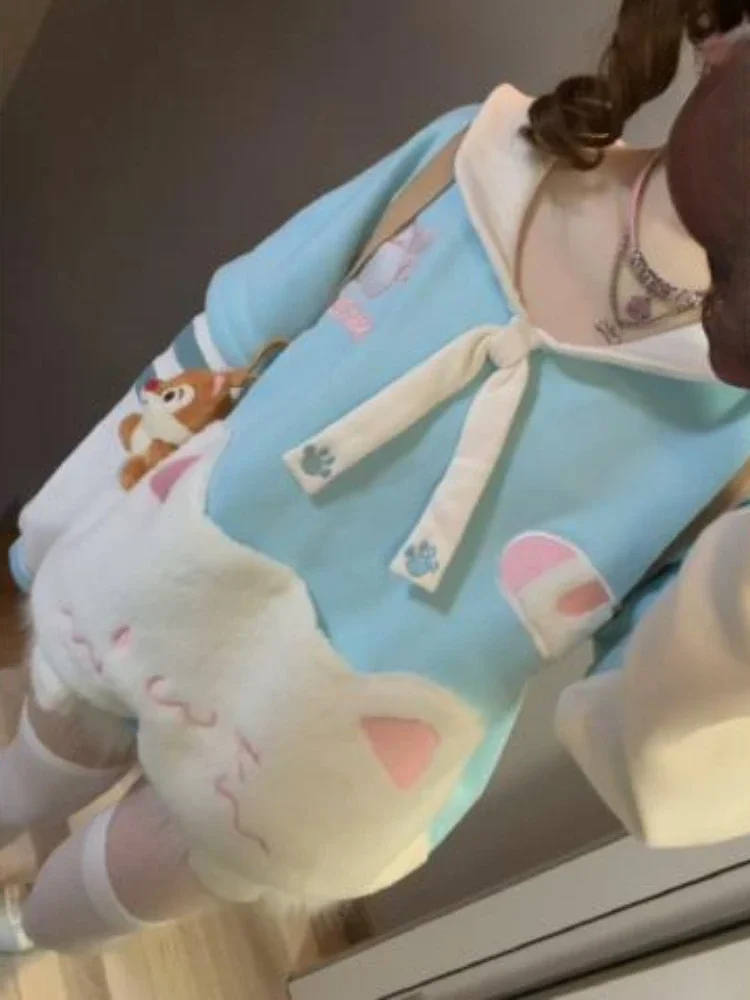 

Cute Contrast Color Hoodies Cartoon Cat Y2k Aesthetic Casual Hoody Vintage Grunge Patchwork Sweatshirt 2025 Spring Hot Sale