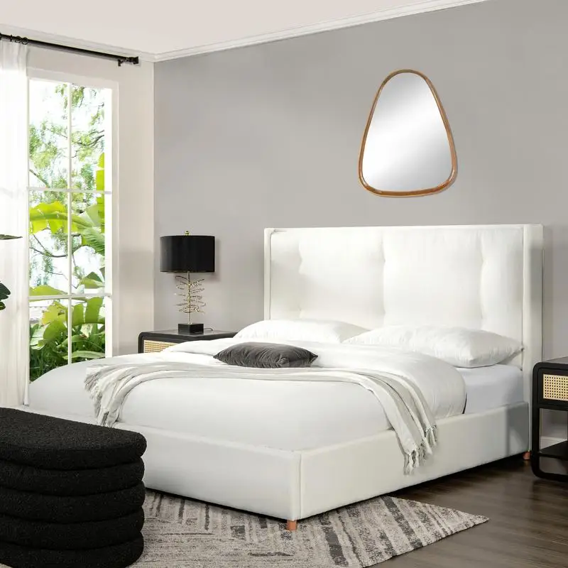 إطار سرير بمنصة اللوح الأمامي باللون الأبيض العتيق مصنوع من مادة البوليستر