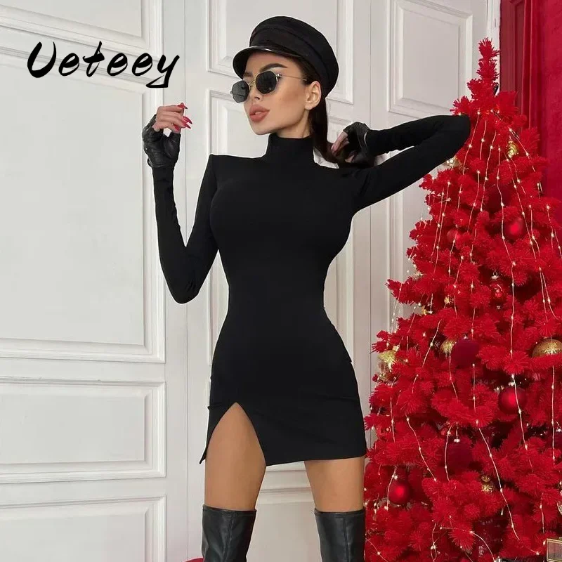 Ueteey Black Mini Dresses for Women 2024 Spring Autumn Long Sleeve Slim Package Hip Bodycon Dress Female Clothing Streetwear