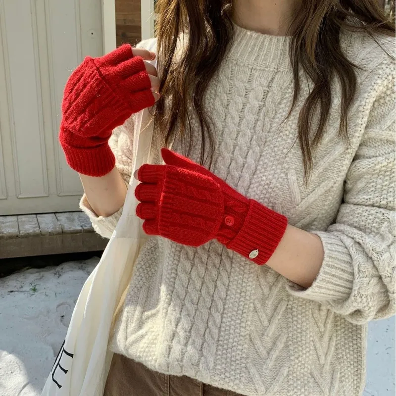 2026 Women's Korean Style Short Half Finger Wool Gloves - Knitted Lined Thick Cashmere Warm Winter Cap Cloth Accessories