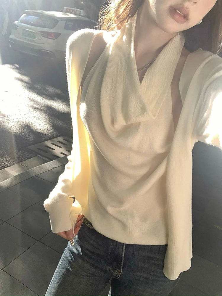 

ay Тонкий вязаный открытый кардиган, женская верхняя одежда, подвесной топ, комплект из двух предметов, ленивый осенний бриз, повседневный шик