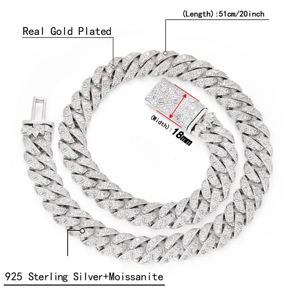 S925 Sterling Silver Moissanite Cuban Link Chain for Men Choker Necklace Prong Setting Big Heavy Chunky Hip Hop Jewelry Gifts