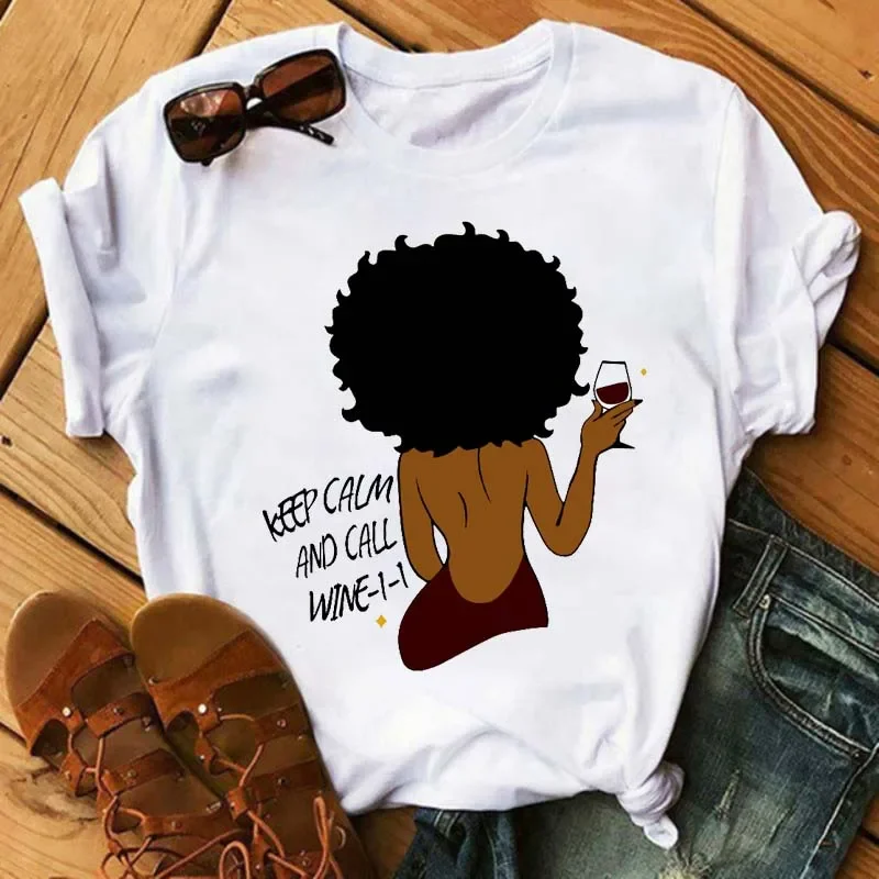 Plus Size Maycaur Women Beautiful African White Funny Print T Shirt Girl Black Queen Harajuku Kawaii 90s Short Sleeves Clothes