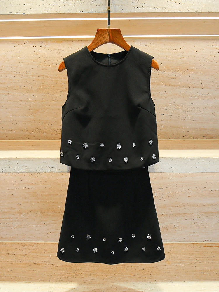 

South Oil High-End Women's Hepburn Sle ort Flower Bead Embellied Top And Skirt Set Faionable Two-Piece Ensemble