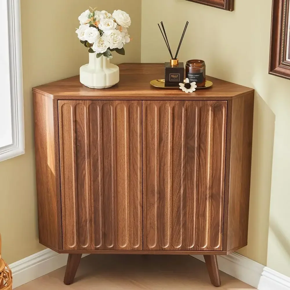 Walnut Two-Door Wooden Storage Cabinet with Adjustable Shelves for Living Room, Bathroom, Kitchen, and Entryway