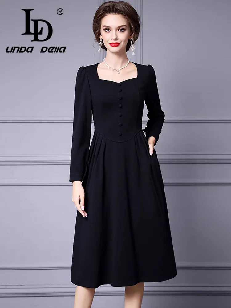 LD LINDA DELLA Autumn Winter Women's Dress Square-Neck Long-Sleeved Romantic Daily Basic Commuter Solid Color Dresses