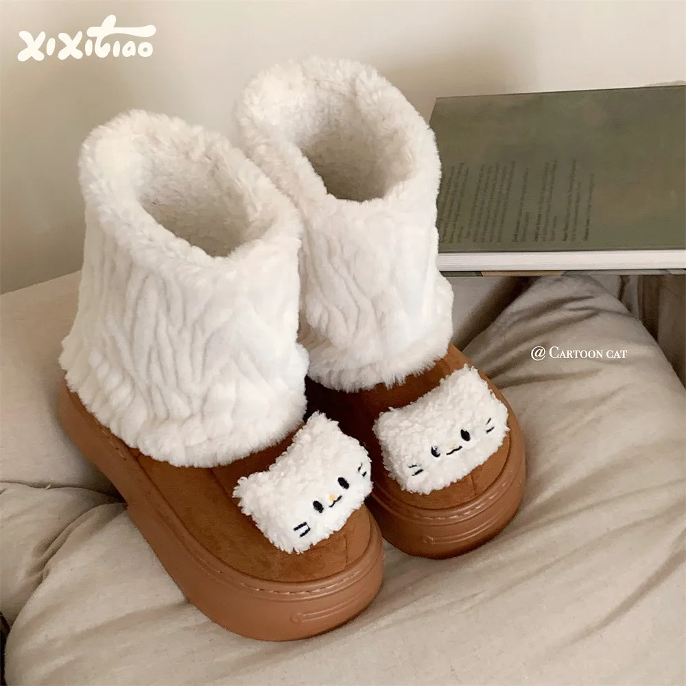 Bottes courtes en fausse fourrure pour femmes, chaussures de neige, pelucheuses et pelucheuses, chaudes et moelleuses, chaton esthétique, trucs mignons, coordonnantes, hiver