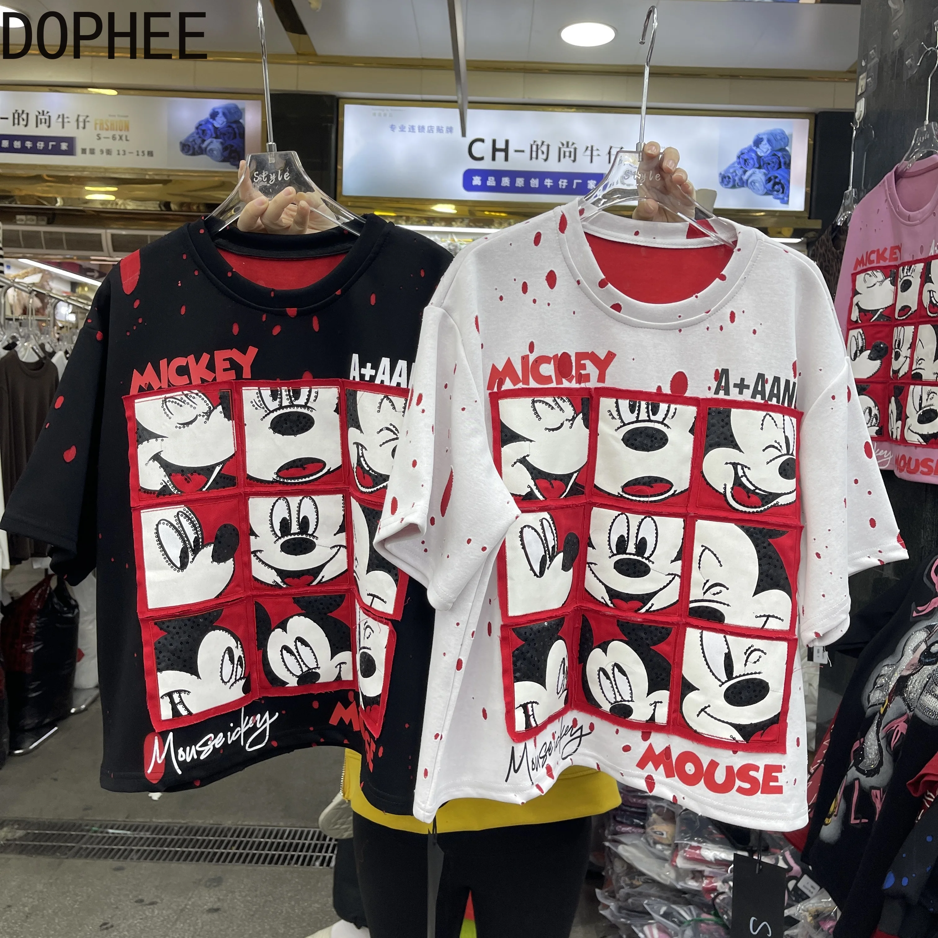 Moda Primavera Verano 2026, camisetas holgadas de manga corta para mujer, jersey con agujeros y lentejuelas de Mickey, Top informal para estudiantes, Camiseta de algodón